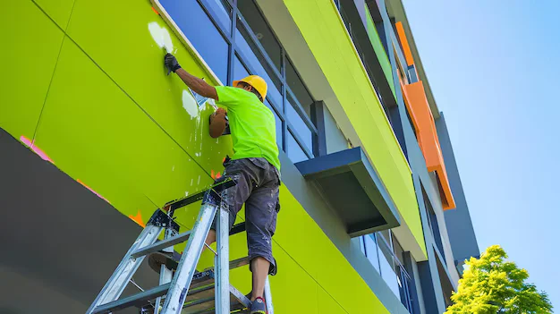 Painter painting with long-lasting paints Commercial Exterior with green